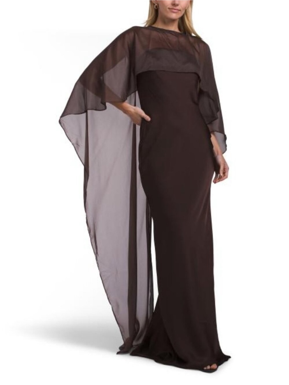 Camila Coelho Dark Brown Cape-Sleeve Evening Gown
